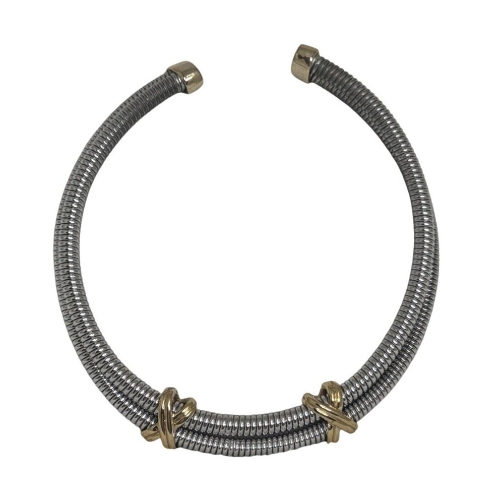 Vintage Two-Tone Flexible Metal Choker Necklace With Gold Accents